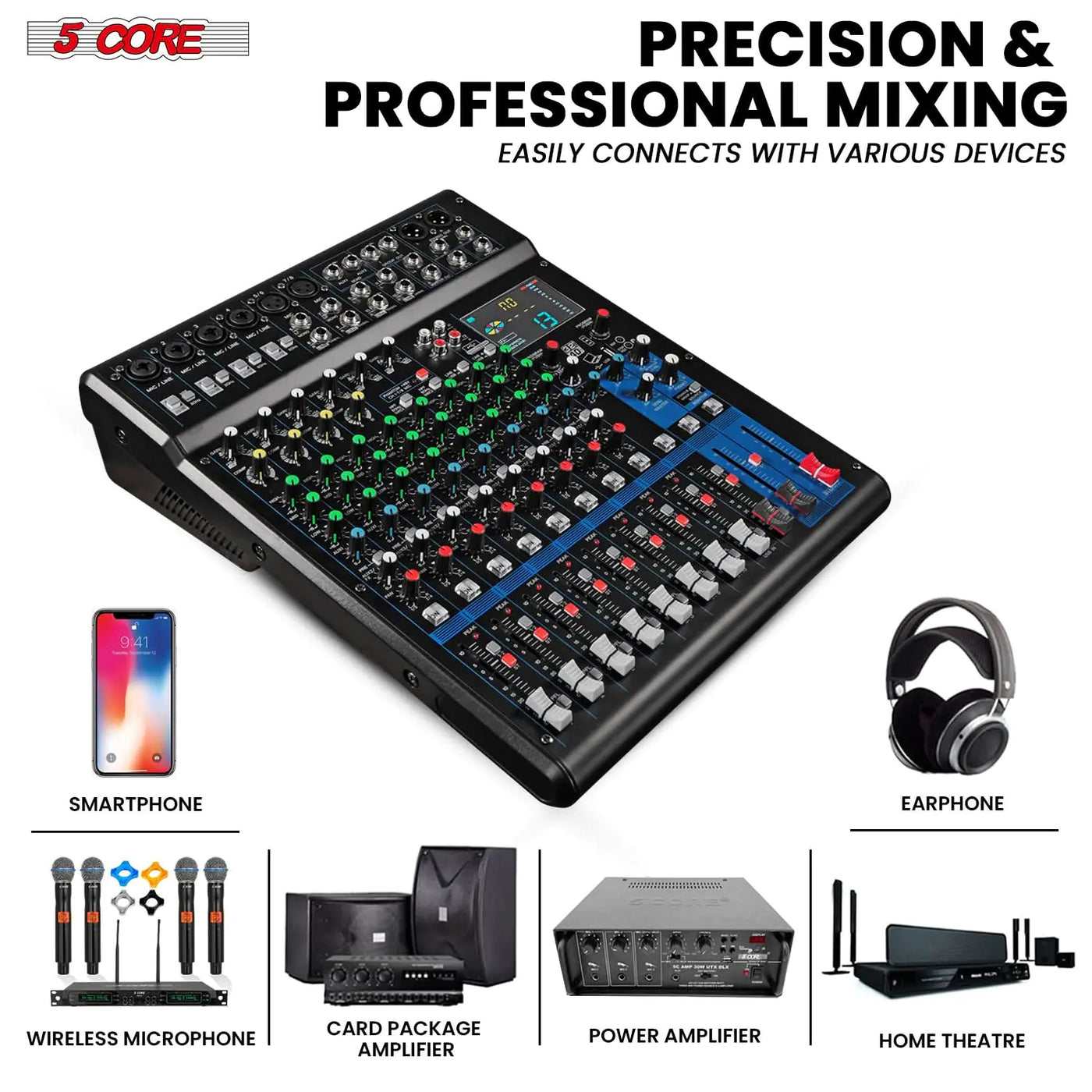 5 Core Audio DJ Mixer 12-kanals ljudkortskonsol med 99 DSP-effekt 48V Phantom Power