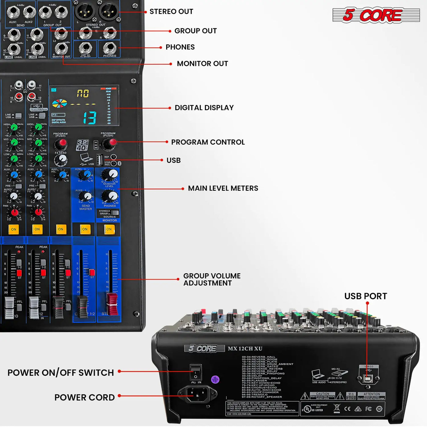 5 Core Audio DJ Mixer 12-kanals ljudkortskonsol med 99 DSP-effekt 48V Phantom Power