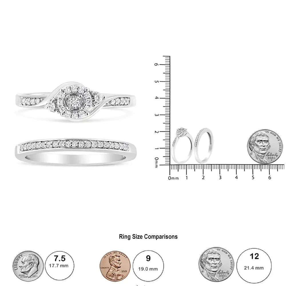 .925 Sterling Silver 1/4 Cttw Diamond Halo och Swirl förlovningsring och vigselringset (IJ-färg, I3 Clarity)