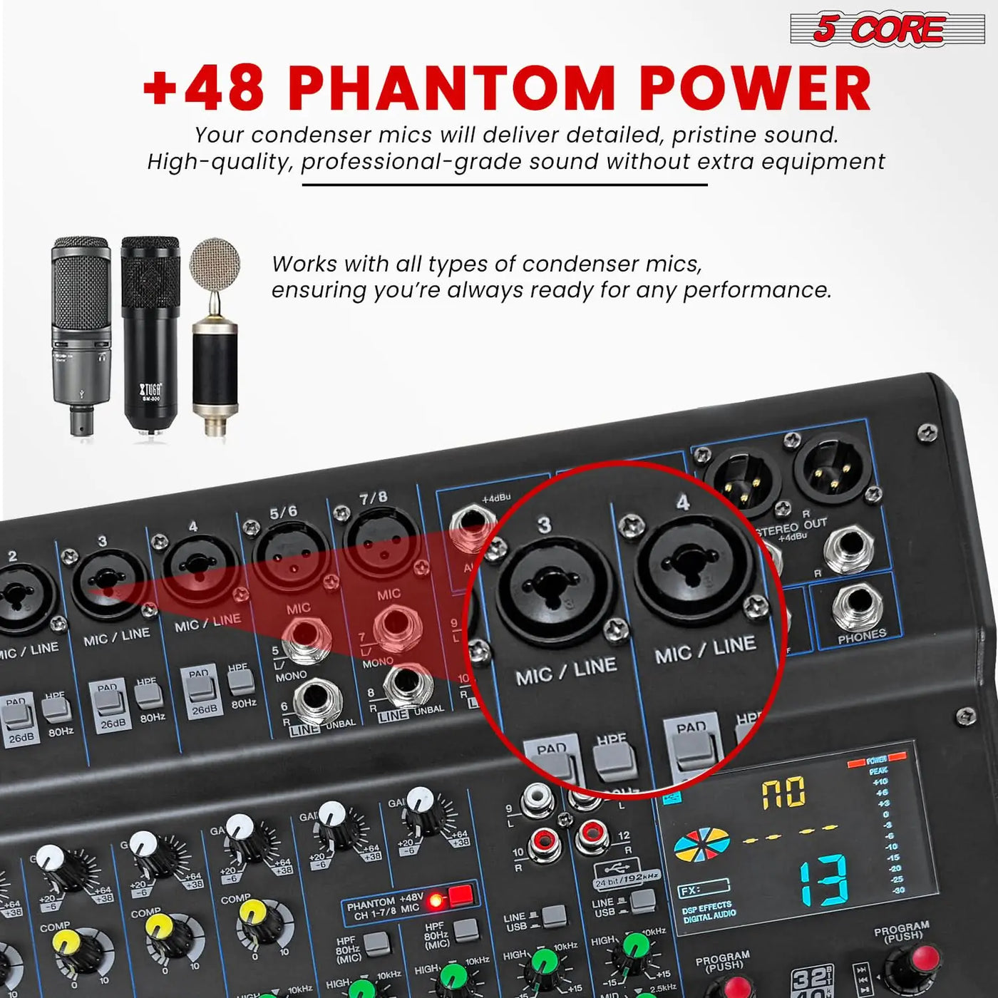 5 Core Audio DJ Mixer 12-kanals ljudkortskonsol med 99 DSP-effekt 48V Phantom Power