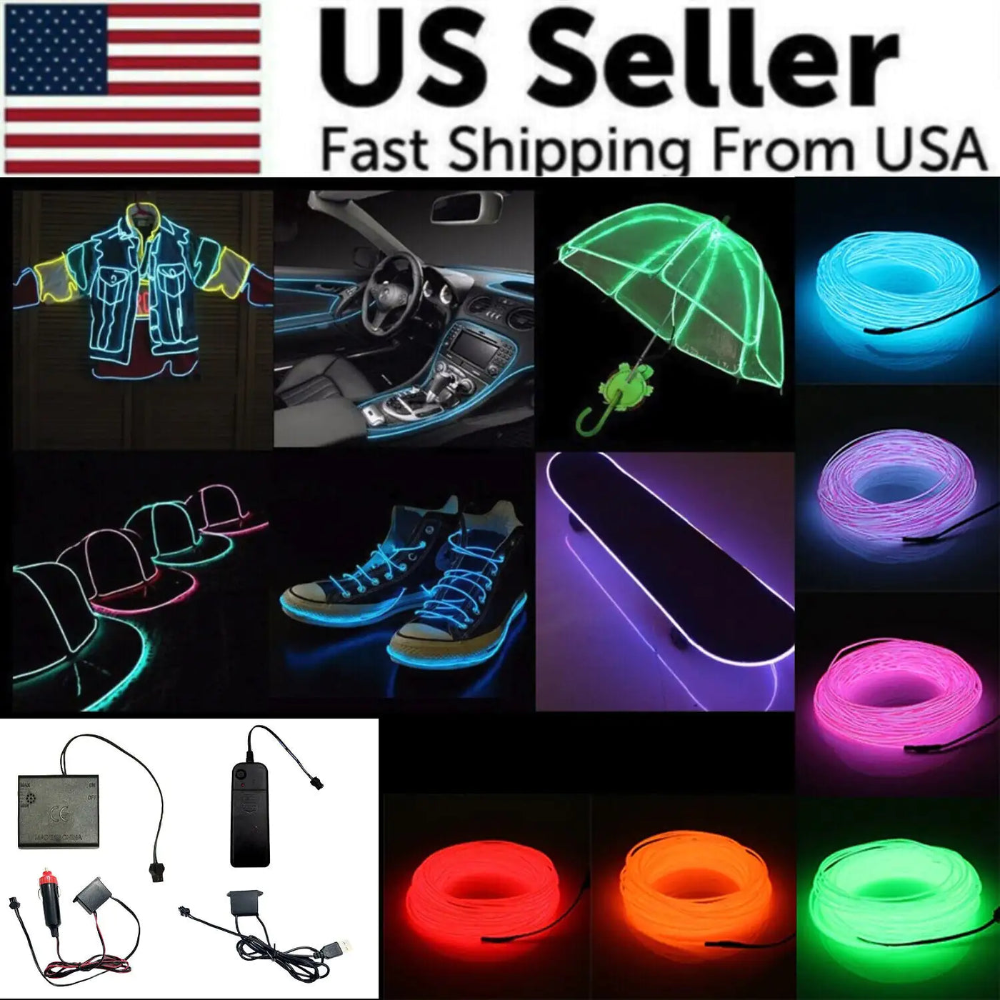 Neon LED Light Glow EL Wire String Strip Rep Rör Dekor Bilfest + Controller