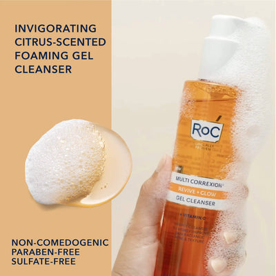 RoC Multi Correxion Revive + Glow Gel ansiktsrengöring med vitamin C och glykolsyra, parabenfri, sulfatfri hudvård, 6 uns