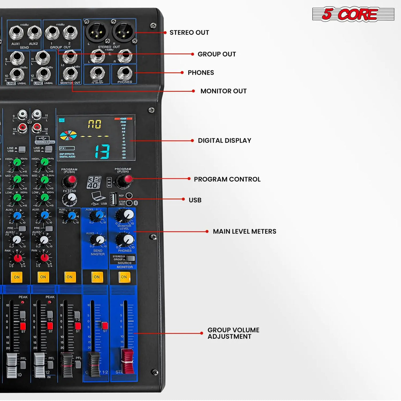 5 Core Audio DJ Mixer 12-kanals ljudkortskonsol med 99 DSP-effekt 48V Phantom Power