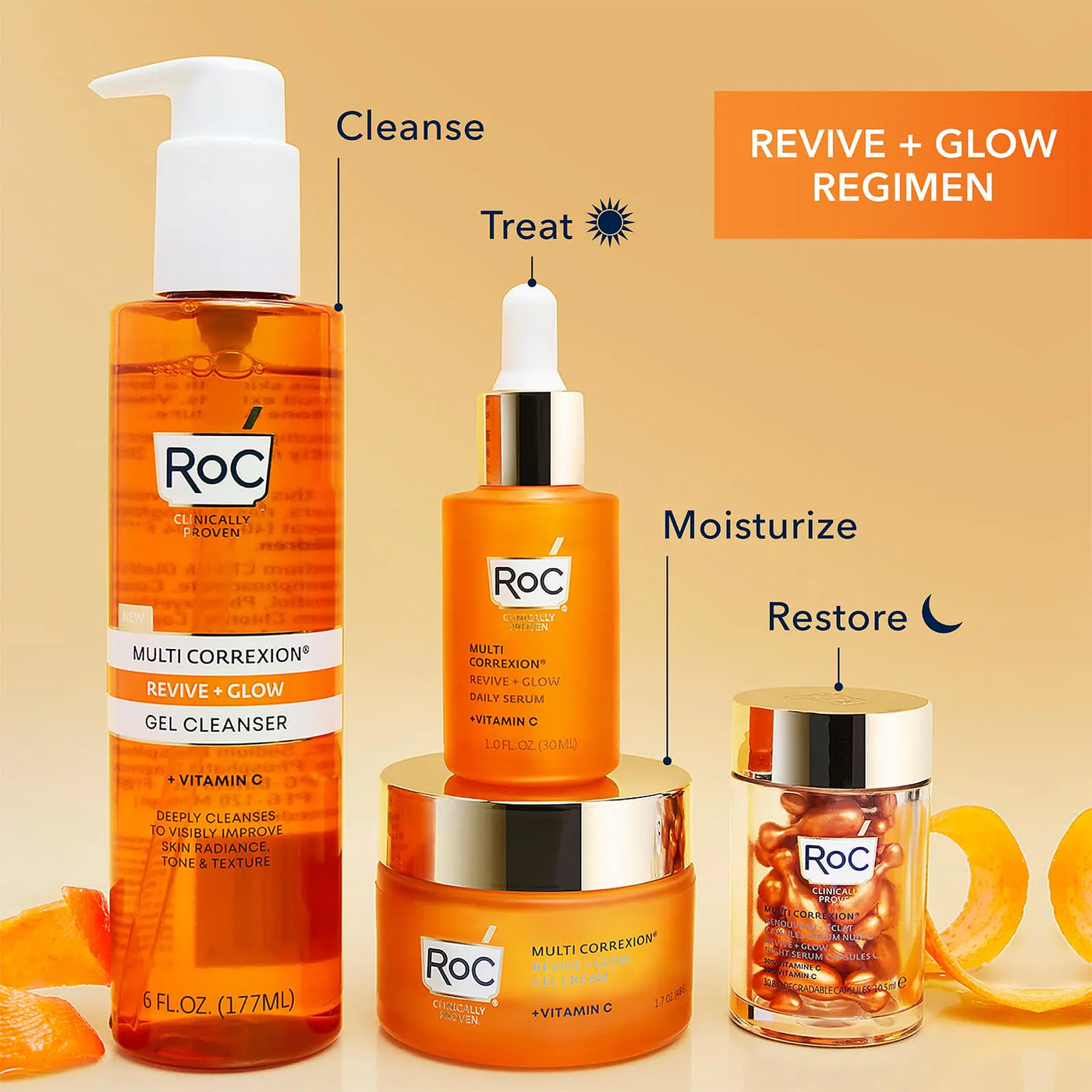 RoC Multi Correxion Revive + Glow Gel ansiktsrengöring med vitamin C och glykolsyra, parabenfri, sulfatfri hudvård, 6 uns