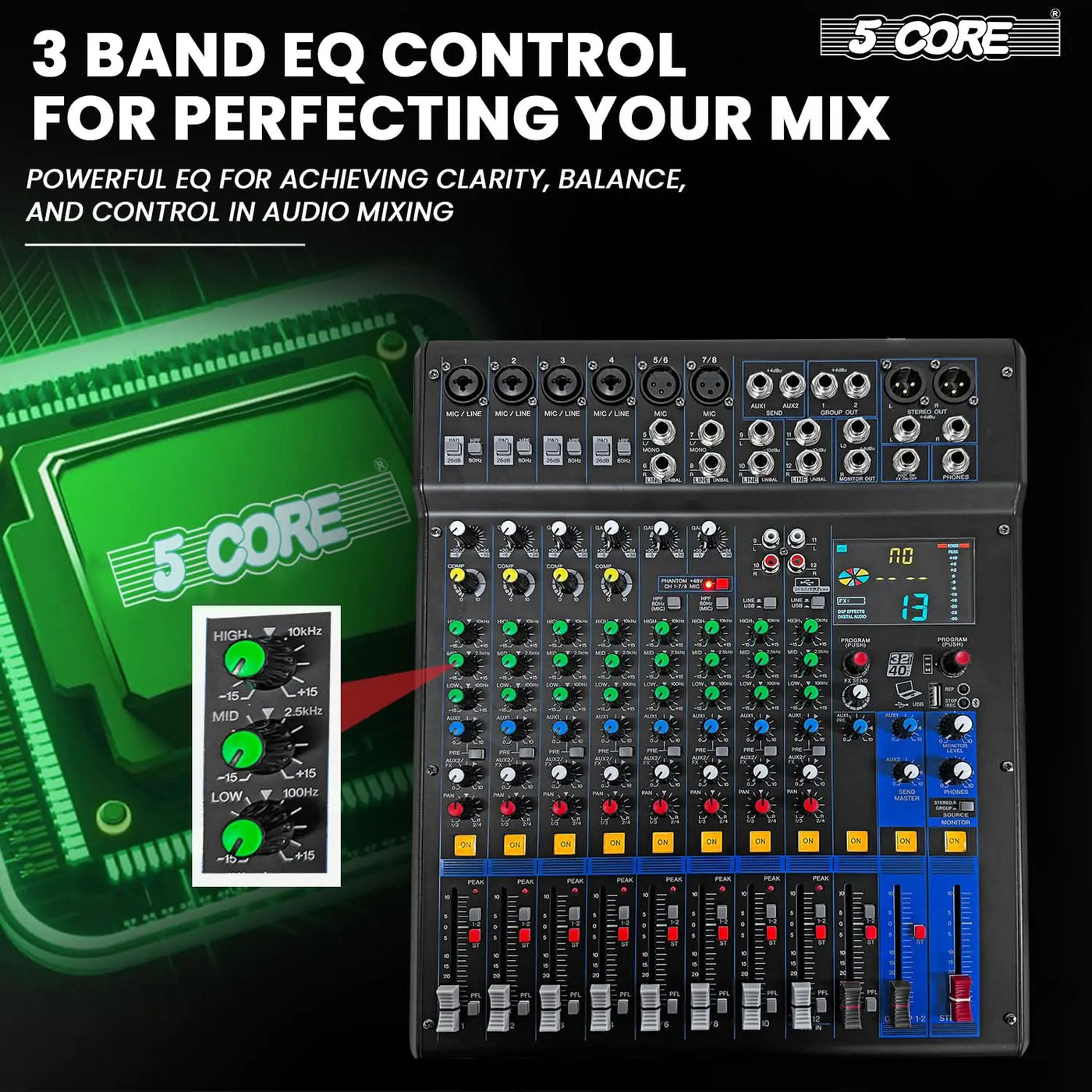 5 Core Audio DJ Mixer 12-kanals ljudkortskonsol med 99 DSP-effekt 48V Phantom Power